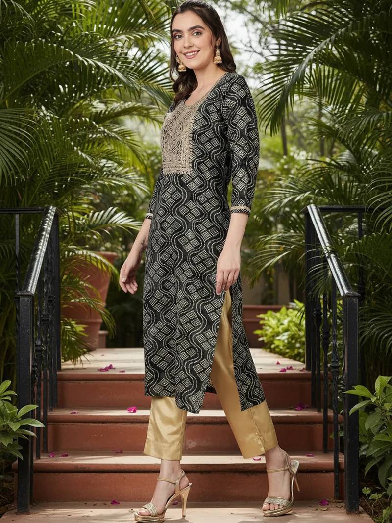 women black viscose rayon bandhani embroidered straight kurta