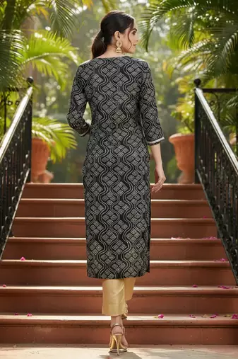 women black viscose rayon bandhani embroidered straight kurta