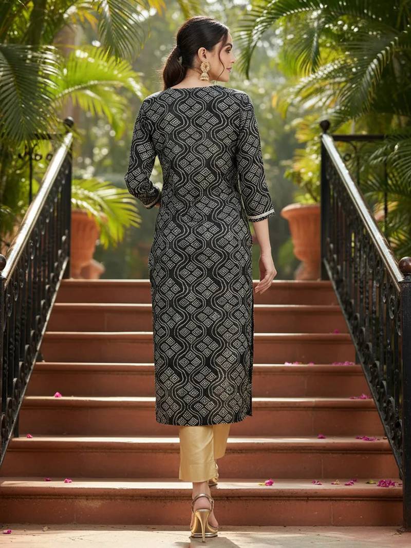 women black viscose rayon bandhani embroidered straight kurta