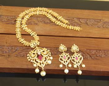 Designer gold plated cz long necklace set 1