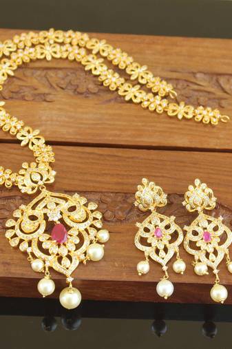 Designer gold plated cz long necklace set
