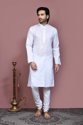 White embroidered cotton kurta pajama 1