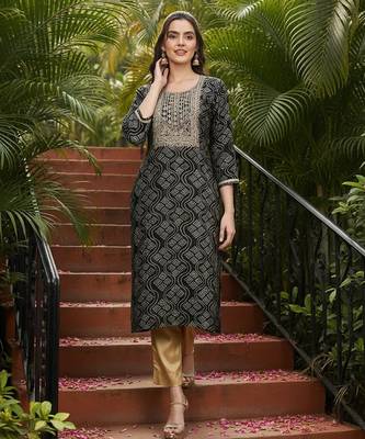women black viscose rayon bandhani embroidered straight kurta 4