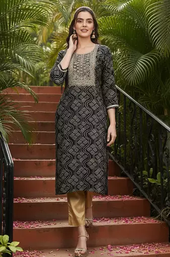 women black viscose rayon bandhani embroidered straight kurta