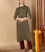 women green cotton floral printed straight kurta