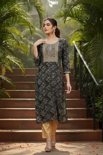 women black viscose rayon bandhani embroidered straight kurta