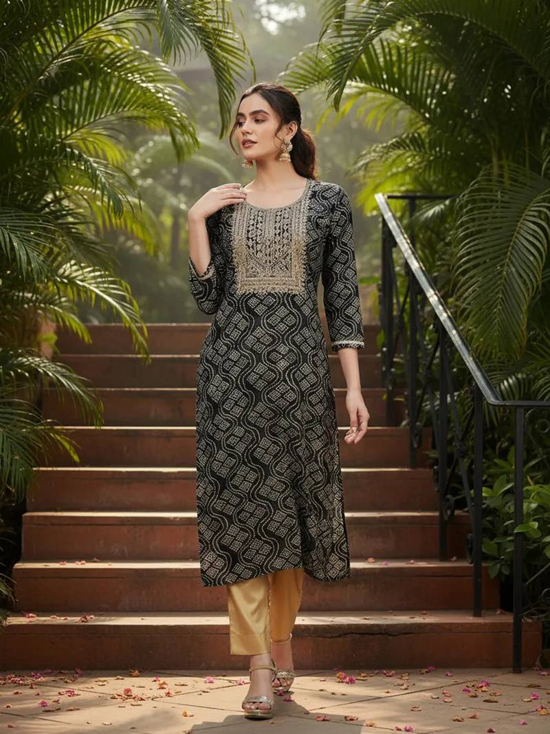 women black viscose rayon bandhani embroidered straight kurta