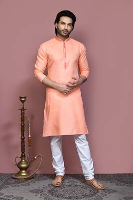 Rust embroidered cotton kurta pajama 4