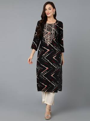 women black viscose rayon chevron embroidered straight kurta 1