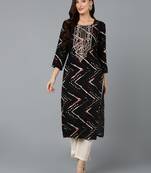 women black viscose rayon chevron embroidered straight kurta