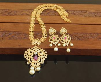 Designer gold plated cz long necklace set 2
