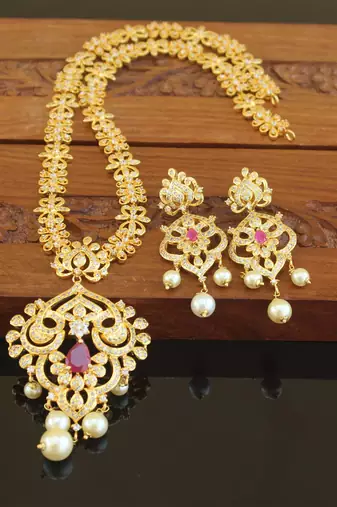Designer gold plated cz long necklace set