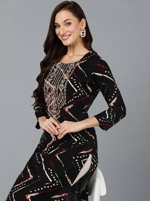 women black viscose rayon chevron embroidered straight kurta 2