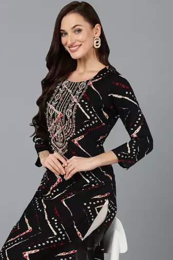 women black viscose rayon chevron embroidered straight kurta