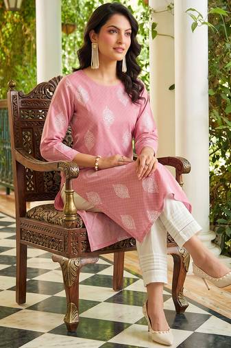 women pink cotton ethnic motifs printed straight kurta