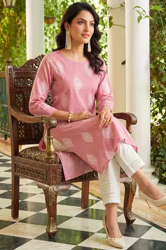 women pink cotton ethnic motifs printed straight kurta
