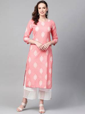 women pink cotton ethnic motifs printed straight kurta 1