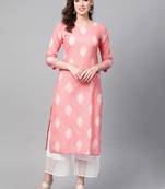women pink cotton ethnic motifs printed straight kurta