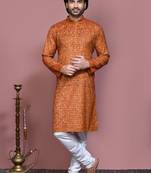 Brown printed cotton kurta pajama