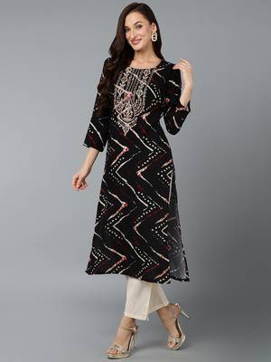 women black viscose rayon chevron embroidered straight kurta 3