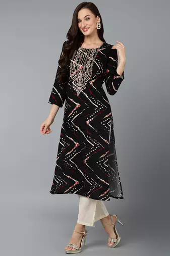 women black viscose rayon chevron embroidered straight kurta