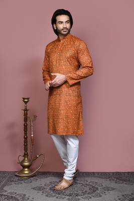 Brown printed cotton kurta pajama 2