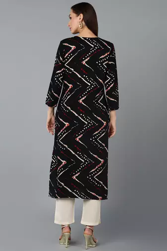 women black viscose rayon chevron embroidered straight kurta