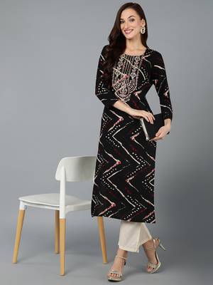 women black viscose rayon chevron embroidered straight kurta 5