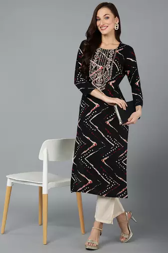 women black viscose rayon chevron embroidered straight kurta