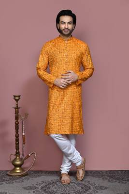 Mustard printed cotton kurta pajama 1