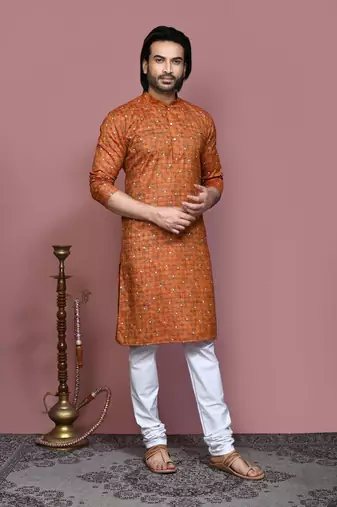 Brown printed cotton kurta pajama