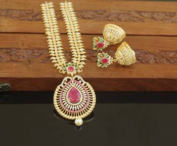 Designer gold plated cz long necklace set 2
