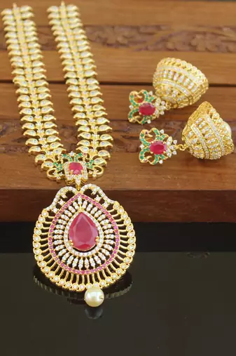 Designer gold plated cz long necklace set