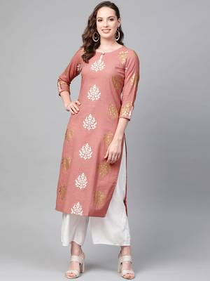 women pink cotton ethnic motifs printed straight kurta 1