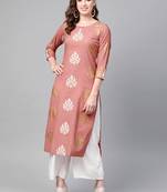 women pink cotton ethnic motifs printed straight kurta