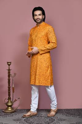 Mustard printed cotton kurta pajama 2