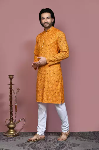 Mustard printed cotton kurta pajama