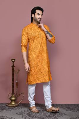 Mustard printed cotton kurta pajama 4