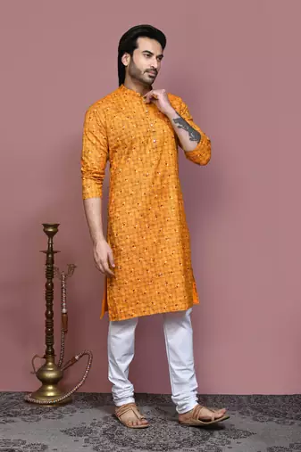 Mustard printed cotton kurta pajama