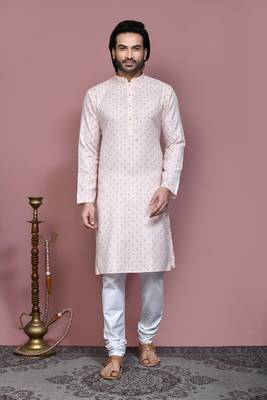 Beige printed cotton kurta pajama 1