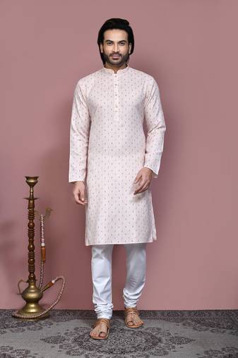 Beige printed cotton kurta pajama
