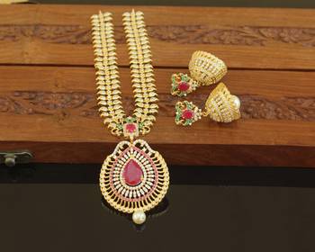 Designer gold plated cz long necklace set 1