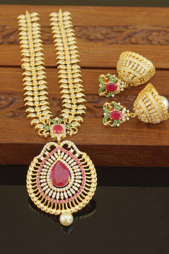 Designer gold plated cz long necklace set