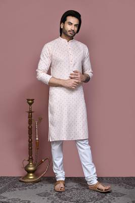 Beige printed cotton kurta pajama 4