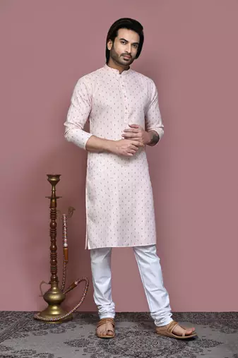 Beige printed cotton kurta pajama