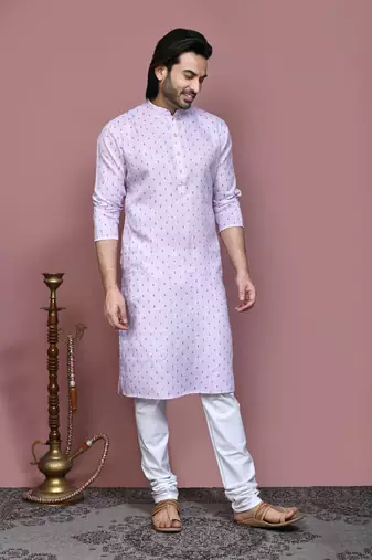Mauve printed cotton kurta pajama