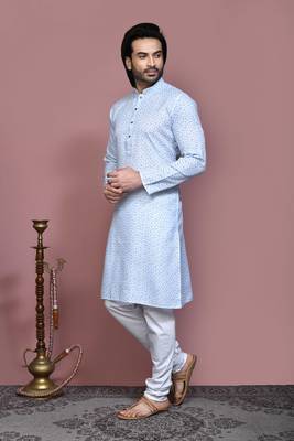 Sky blue printed cotton kurta pajama 2