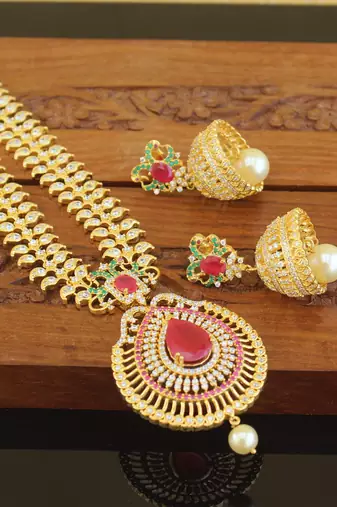 Designer gold plated cz long necklace set