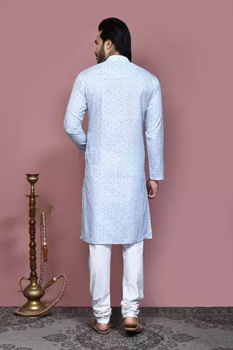 Sky blue printed cotton kurta pajama