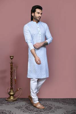 Sky blue printed cotton kurta pajama 4